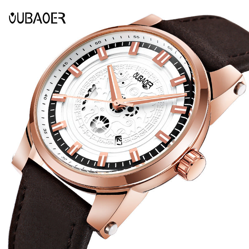 Men's Leather Quartz Watch with Hollow Dial