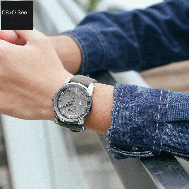 Men's Leather Quartz Watch with Hollow Dial