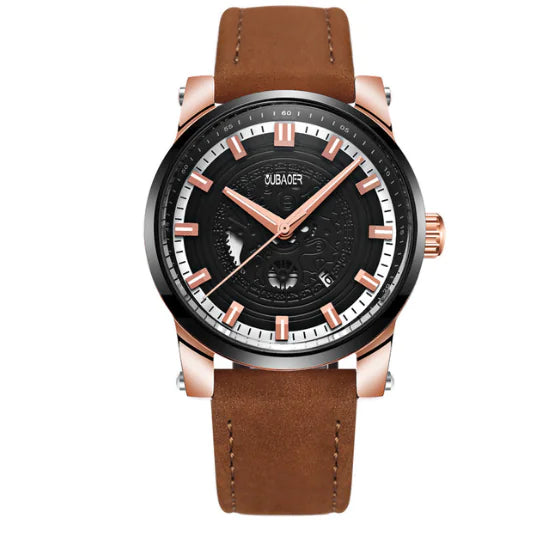 Men's Leather Quartz Watch with Hollow Dial