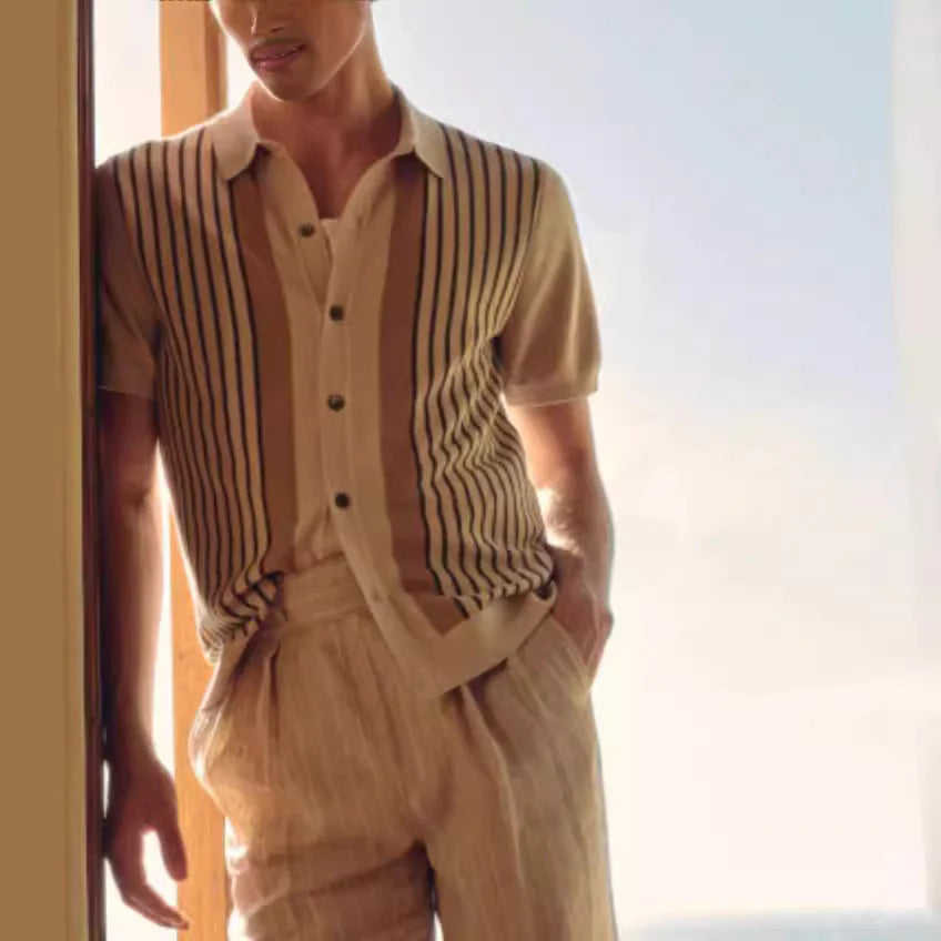 Men's Striped Summer Polo Cardigan - Lightweight Knit
