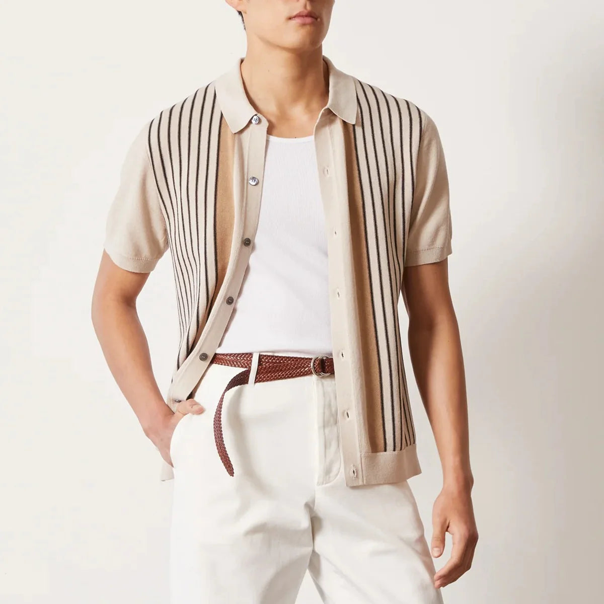 Men's Striped Summer Polo Cardigan - Lightweight Knit