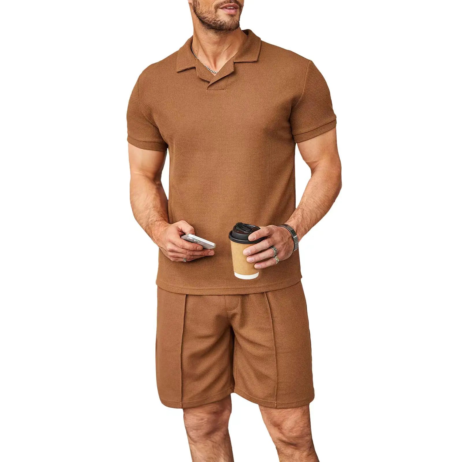 Summer Waffle V-Neck Polo Set