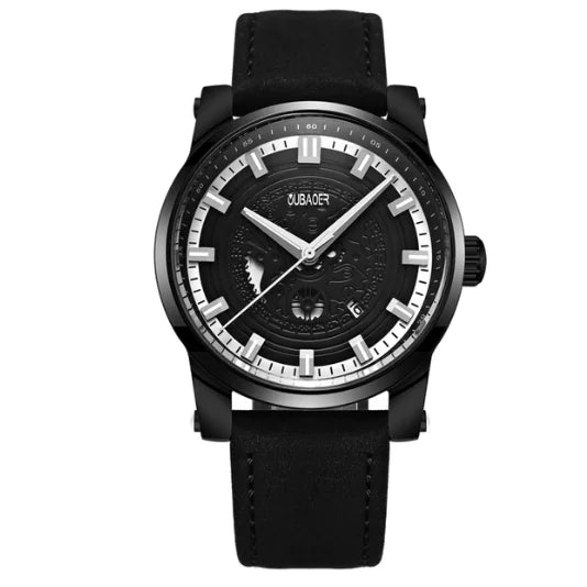 Men's Leather Quartz Watch with Hollow Dial