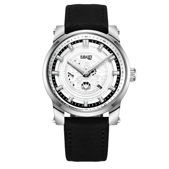 Men's Leather Quartz Watch with Hollow Dial