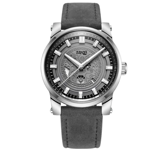 Men's Leather Quartz Watch with Hollow Dial