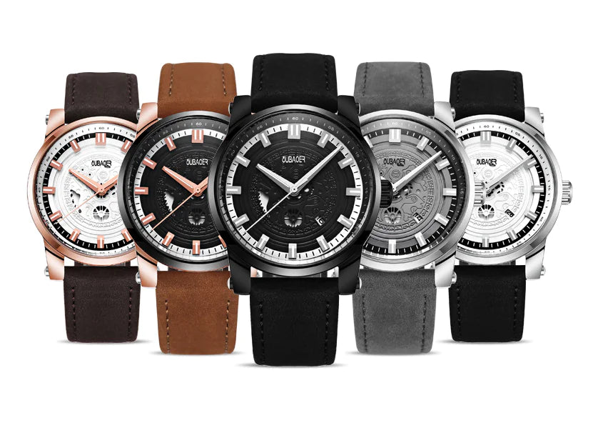 Men's Leather Quartz Watch with Hollow Dial