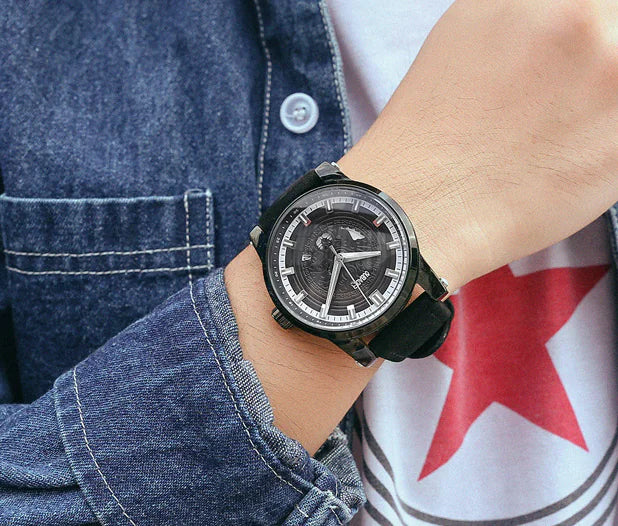 Men's Leather Quartz Watch with Hollow Dial