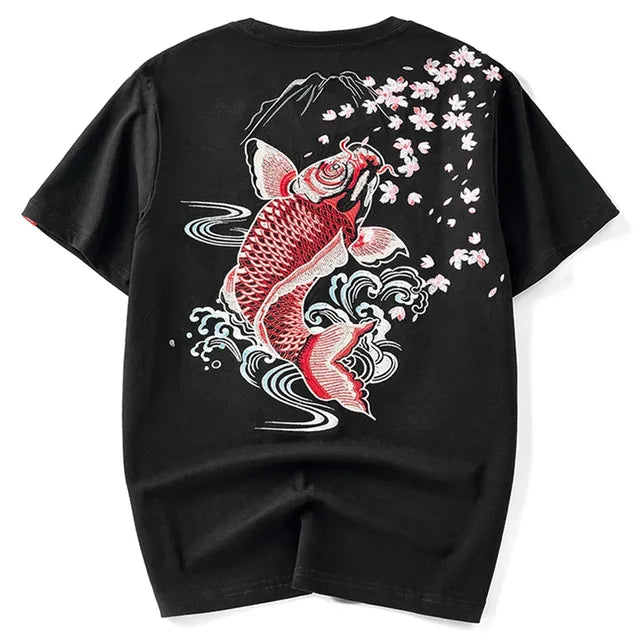 Lypré-azy Men's Cotton Chinese Style T-shirt with Carp Embroidery