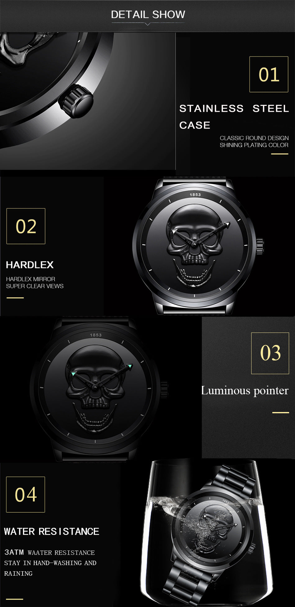 LIGE Men's Bold 3D Skull Watch