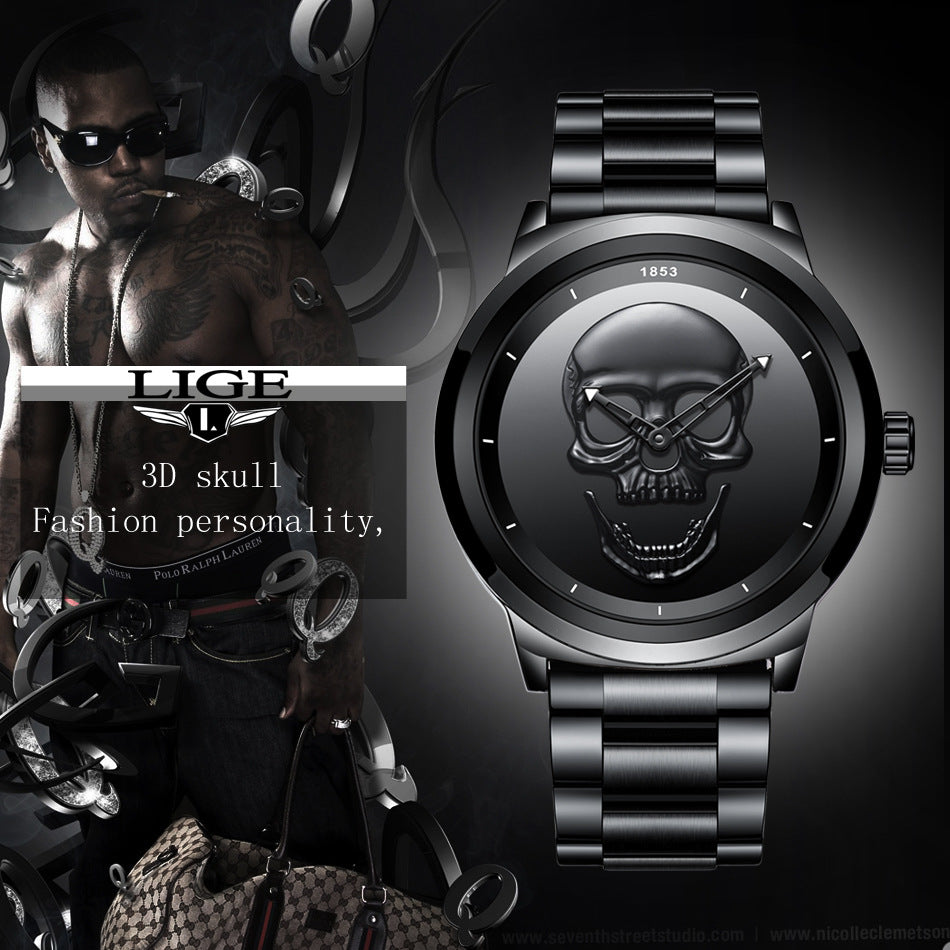 LIGE Men's Bold 3D Skull Watch