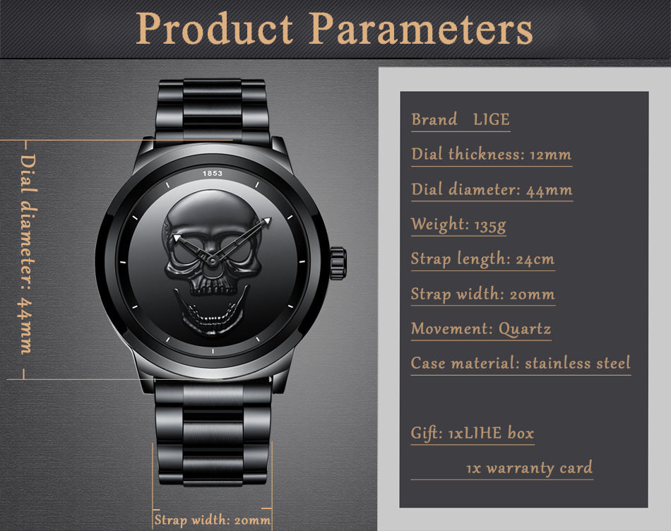 LIGE Men's Bold 3D Skull Watch