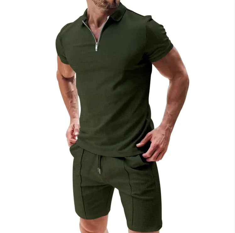Waffle Zip Polo & Casual Shorts Combo