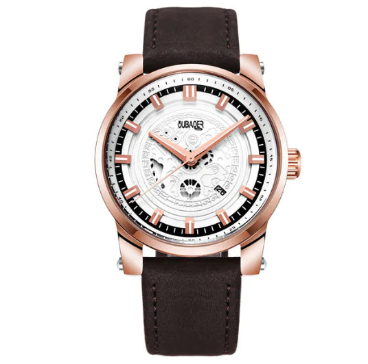Men's Leather Quartz Watch with Hollow Dial
