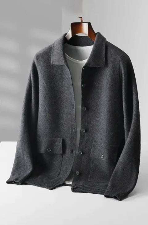 Men's Polo Wool Cardigan with Retro Pockets