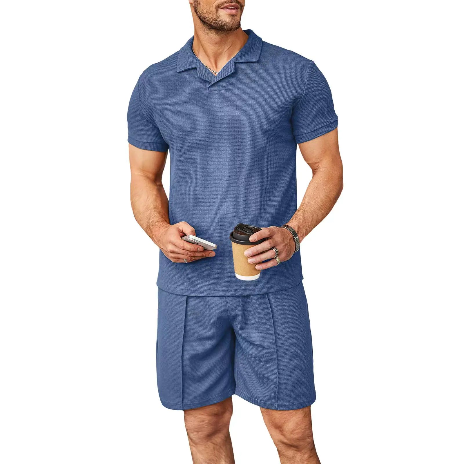 Summer Waffle V-Neck Polo Set