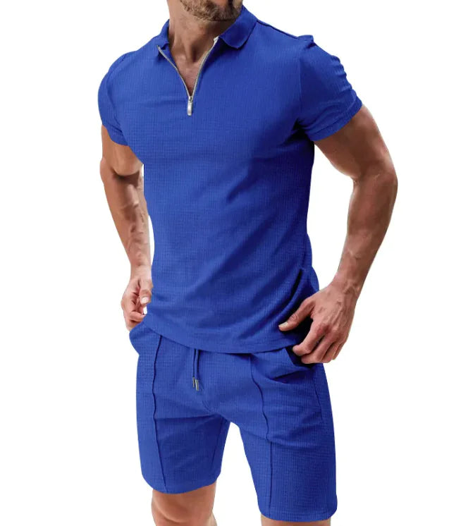 Waffle Zip Polo & Casual Shorts Combo