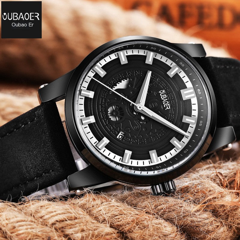 Men's Leather Quartz Watch with Hollow Dial