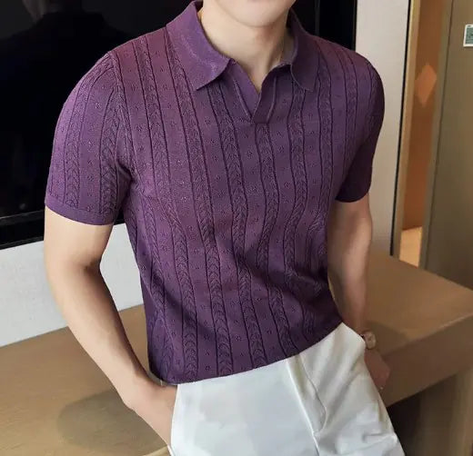 Chic Jacquard Striped V-Neck Polo