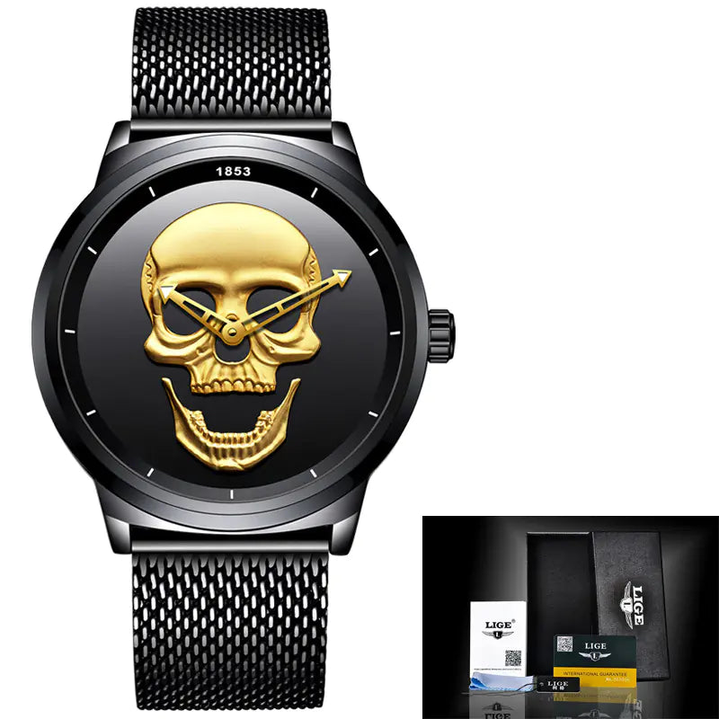 LIGE Men's Bold 3D Skull Watch