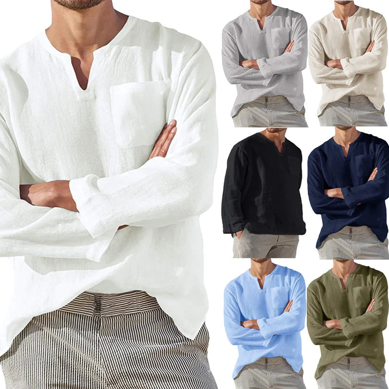 Casual Linen V-Neck Men's Shirt