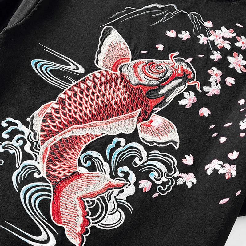 Lypré-azy Men's Cotton Chinese Style T-shirt with Carp Embroidery