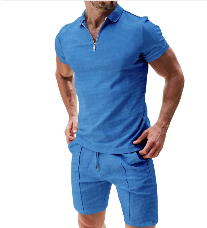 Waffle Zip Polo & Casual Shorts Combo