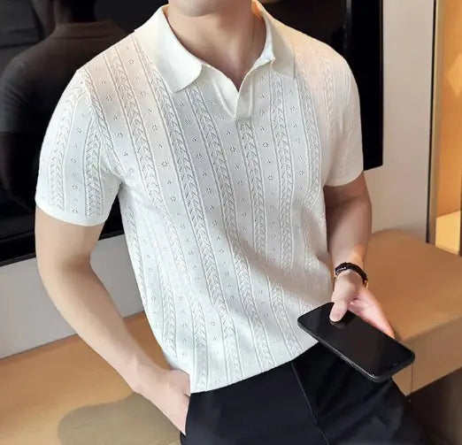 Chic Jacquard Striped V-Neck Polo