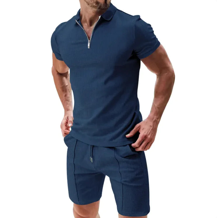 Waffle Zip Polo & Casual Shorts Combo
