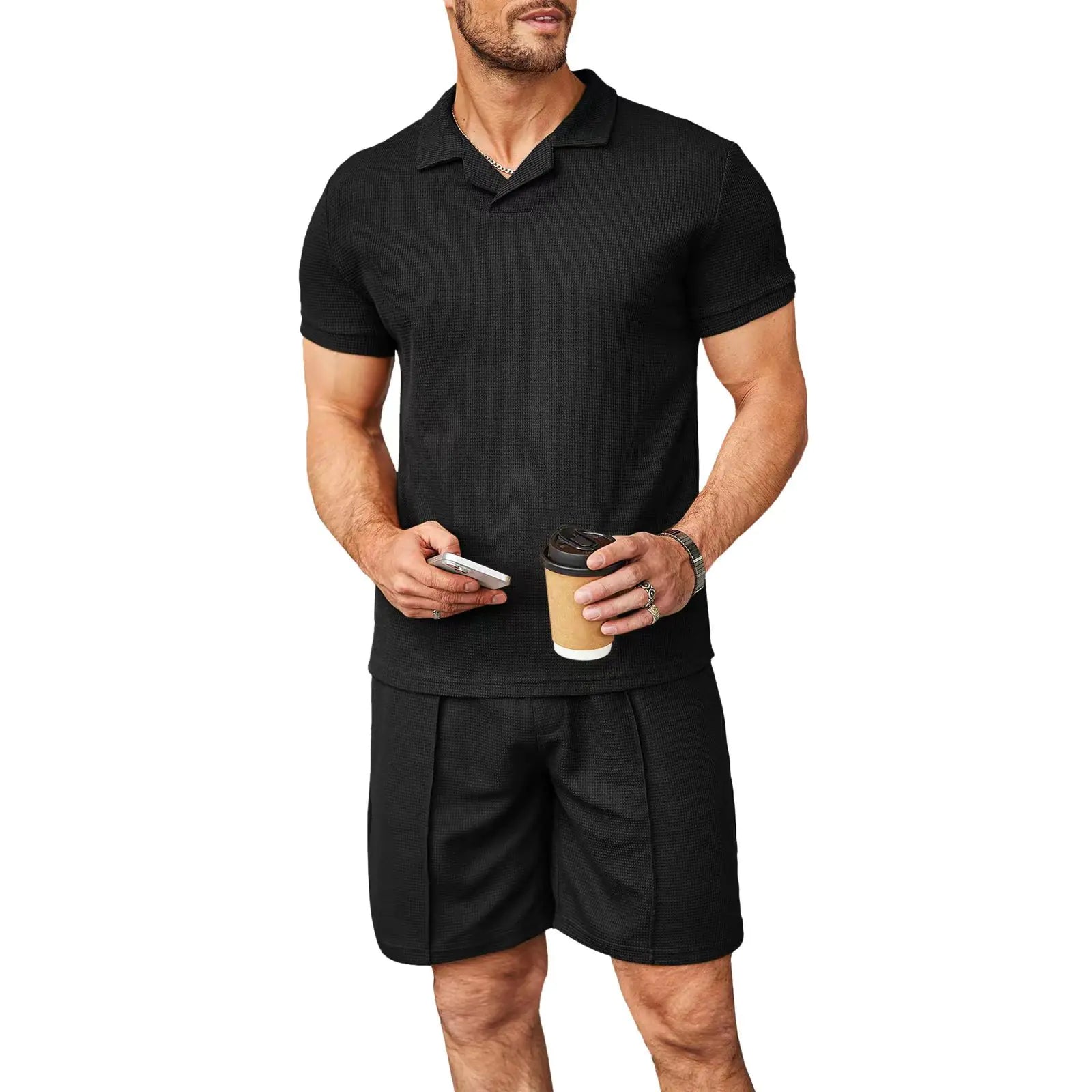 Summer Waffle V-Neck Polo Set