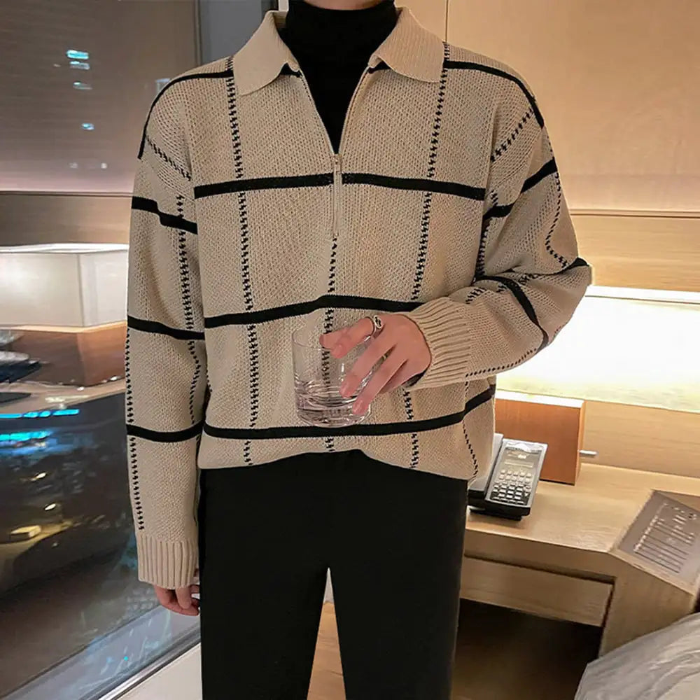 Checkered Lapel Knit Polo Shirt