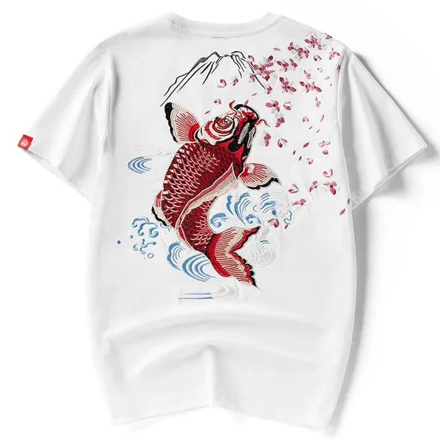 Lypré-azy Men's Cotton Chinese Style T-shirt with Carp Embroidery