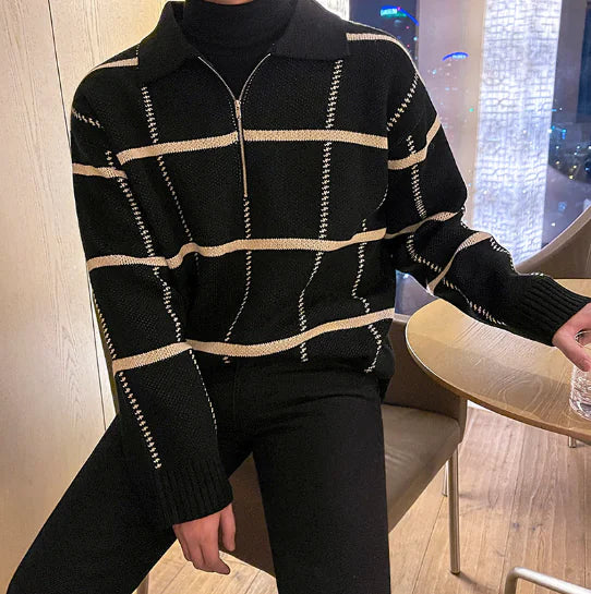 Checkered Lapel Knit Polo Shirt