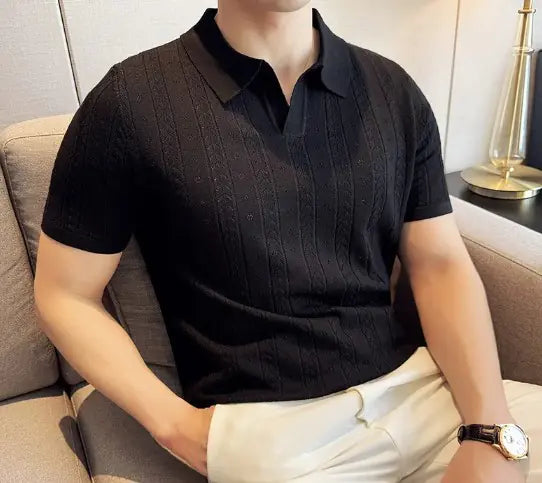 Chic Jacquard Striped V-Neck Polo