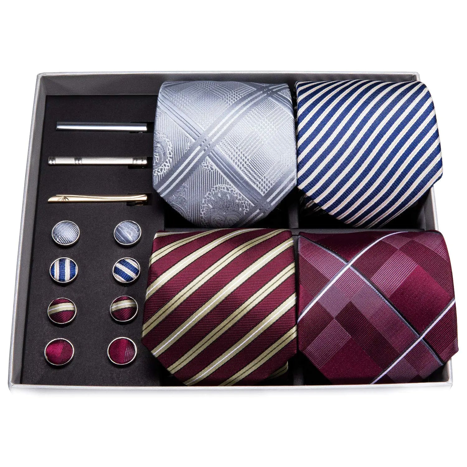 Barry.Wang Silk Essentials: Grey Red Tie Set with Accessories