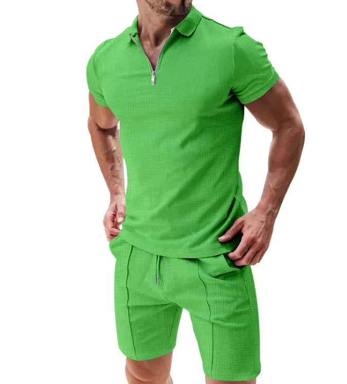 Waffle Zip Polo & Casual Shorts Combo