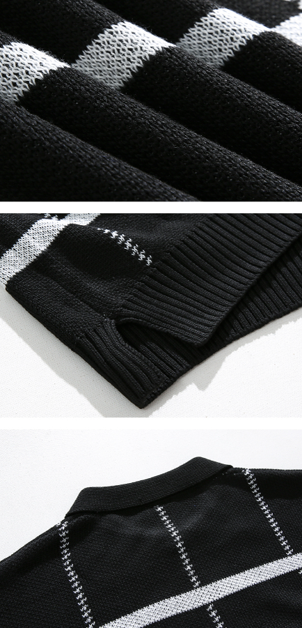 Checkered Lapel Knit Polo Shirt