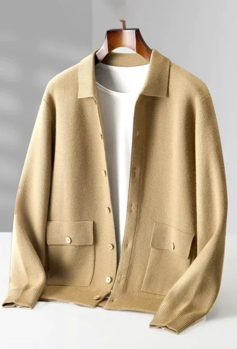 Men's Polo Wool Cardigan with Retro Pockets