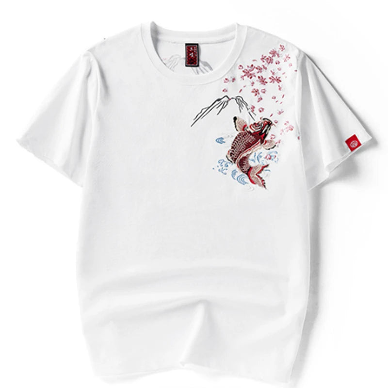 Lypré-azy Men's Cotton Chinese Style T-shirt with Carp Embroidery