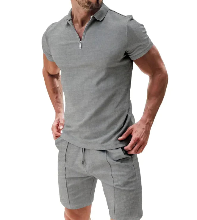 Waffle Zip Polo & Casual Shorts Combo