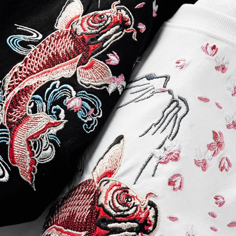 Lypré-azy Men's Cotton Chinese Style T-shirt with Carp Embroidery