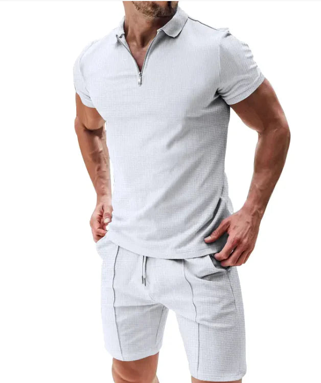 Waffle Zip Polo & Casual Shorts Combo