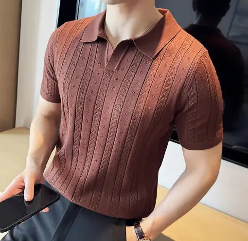 Chic Jacquard Striped V-Neck Polo