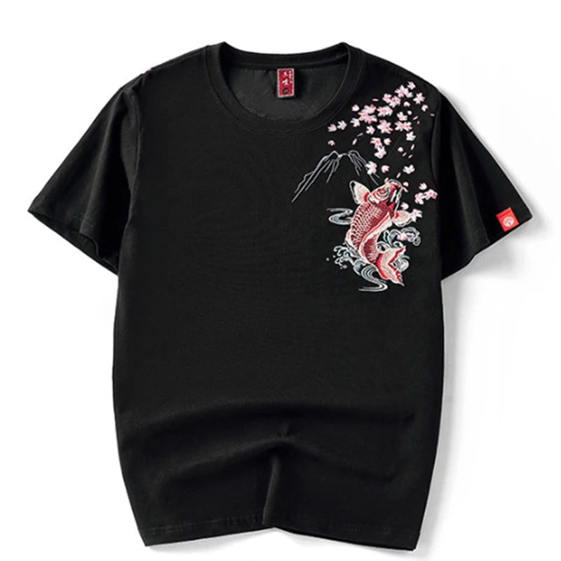 Lypré-azy Men's Cotton Chinese Style T-shirt with Carp Embroidery