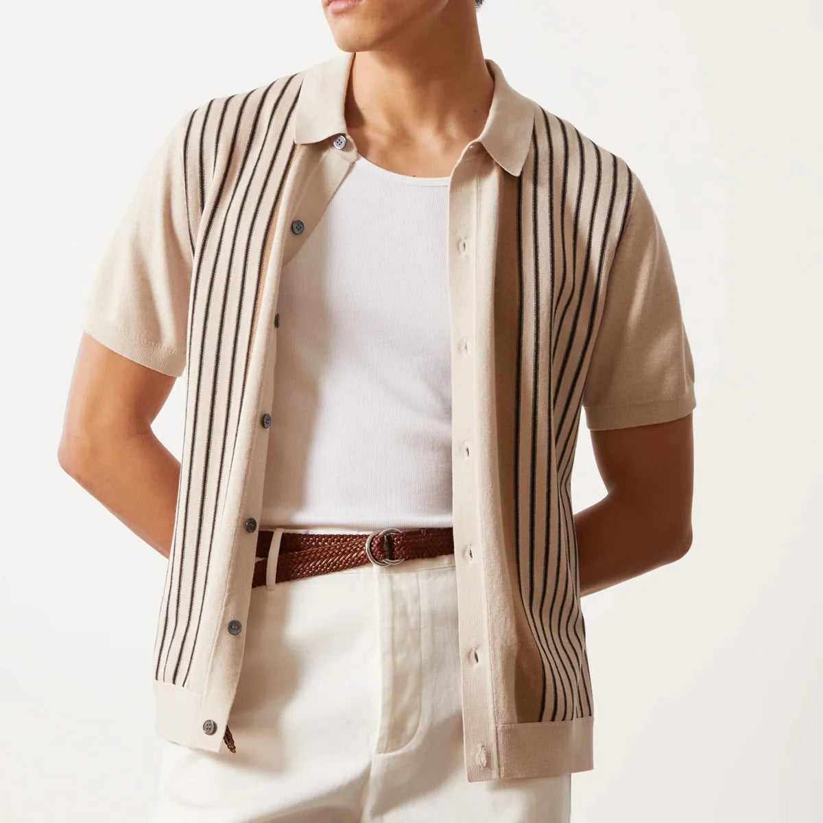 Men's Striped Summer Polo Cardigan - Lightweight Knit