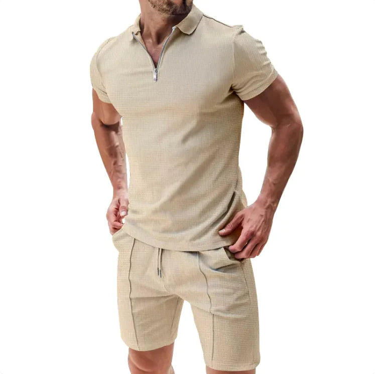 Waffle Zip Polo & Casual Shorts Combo
