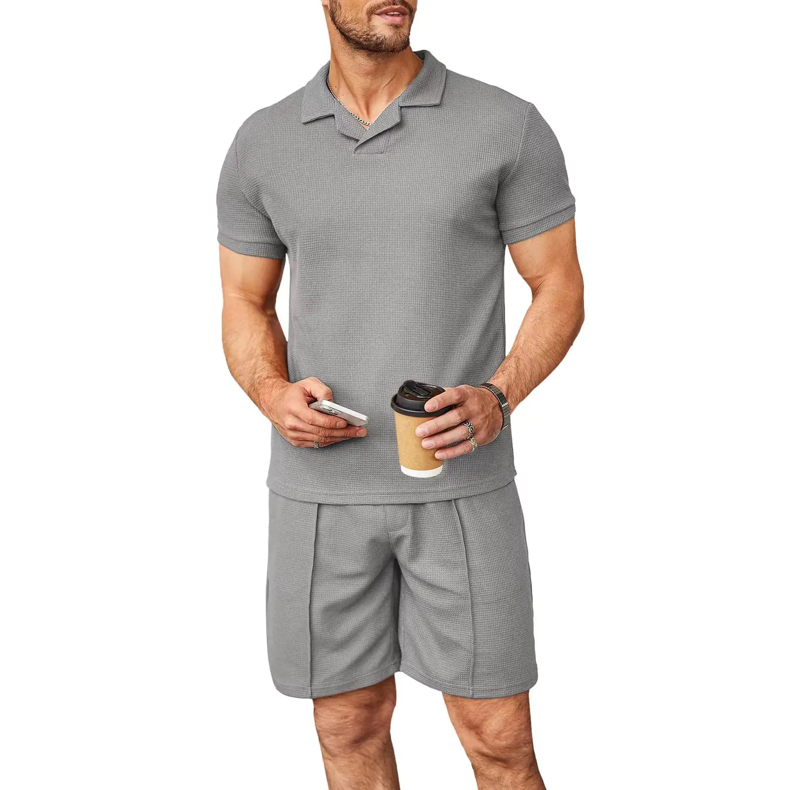 Summer Waffle V-Neck Polo Set