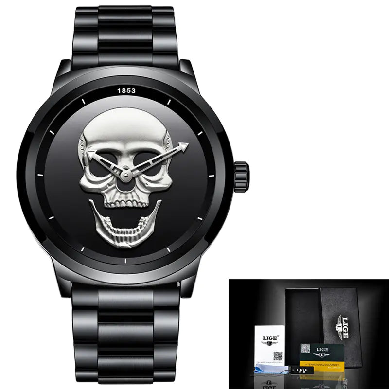 LIGE Men's Bold 3D Skull Watch