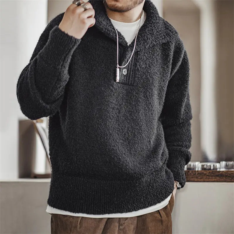 Men's Black Cozy Lapel Thermal Sweater