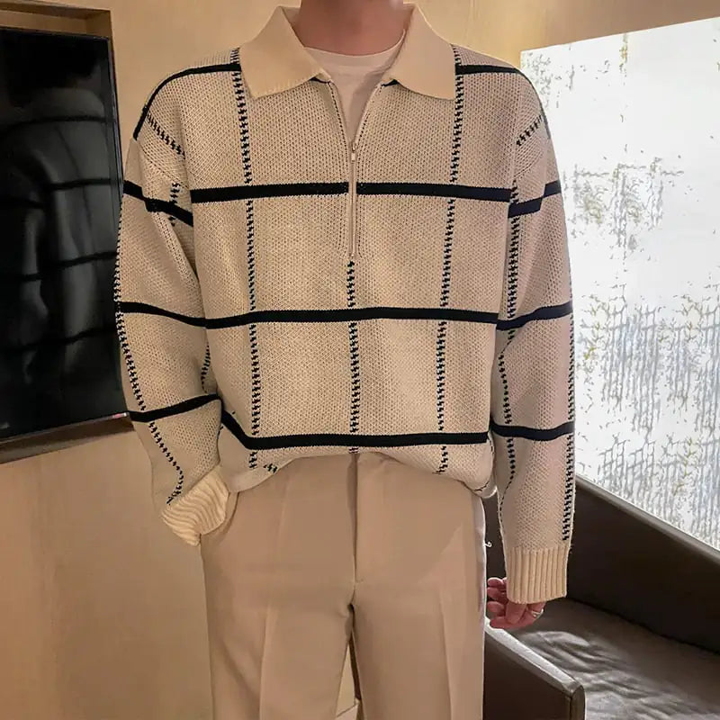 Checkered Lapel Knit Polo Shirt
