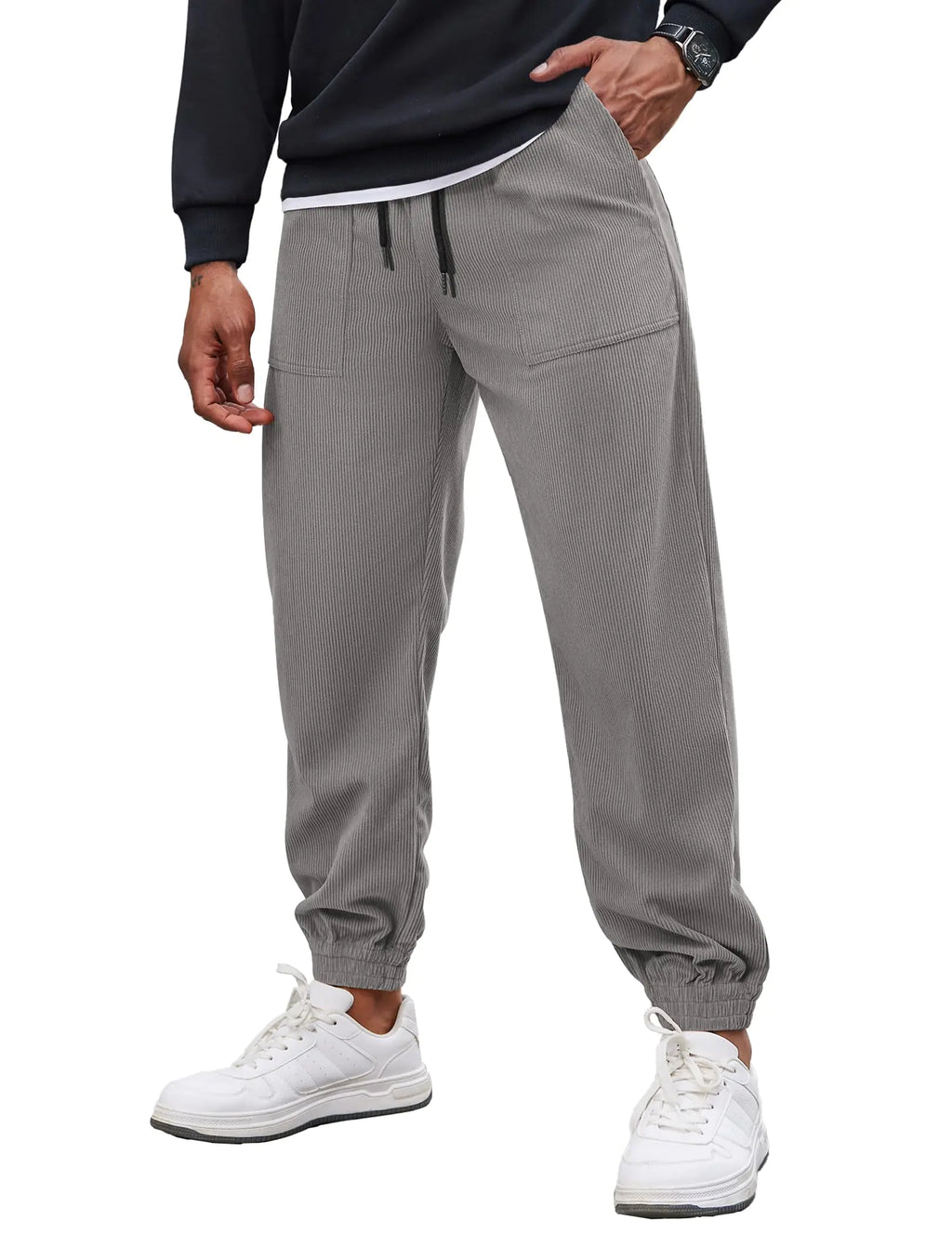 COOFANDY Corduroy Pant Men Fashion Casual Corduroy Joggers Drawstring Elastic Waist Streetwear Pants Light Grey XL